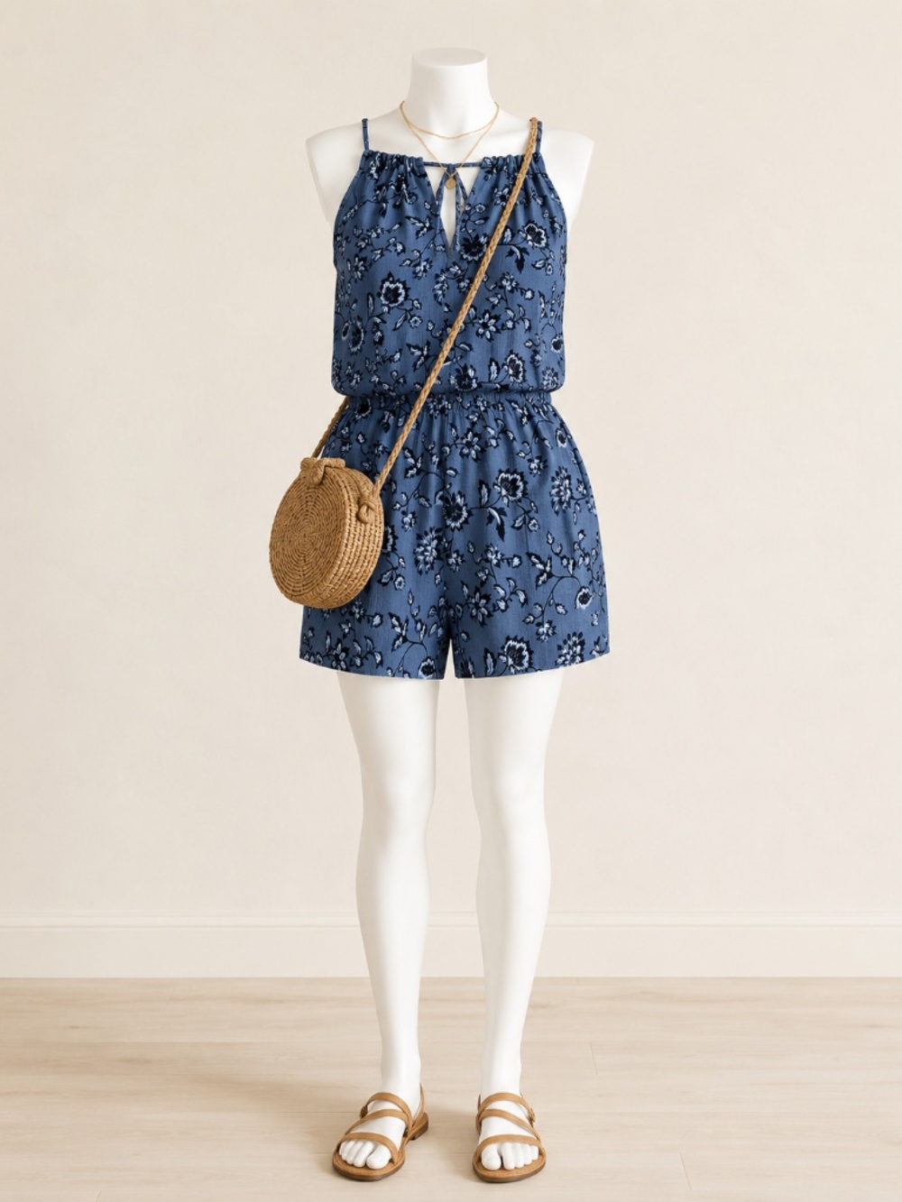 Aeropostale Blue Navy Floral V-Neck Romper L Large Sleeveless Casual Pockets